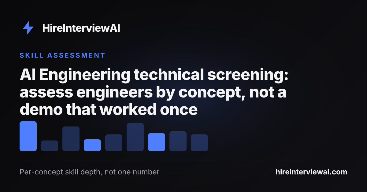 AI engineer skill assessment showing per-concept depth scores for RAG, evaluation, prompt engineering, inference optimization, and fine-tuning