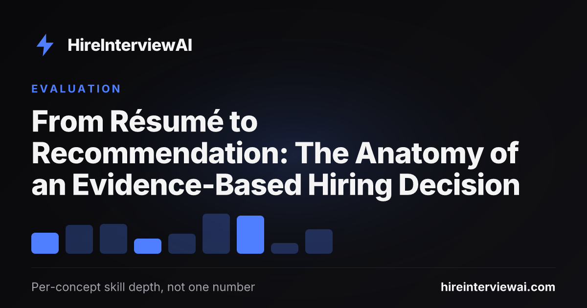 The pipeline of an evidence-based hiring decision, from résumé claims through adaptive concept interviews and design rounds to an evidence-backed recommendation