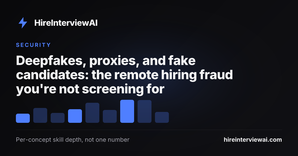 A remote interview screen showing signals of candidate fraud — a proxy interviewee, a virtual camera feed, and mismatched identity documents flagged for review