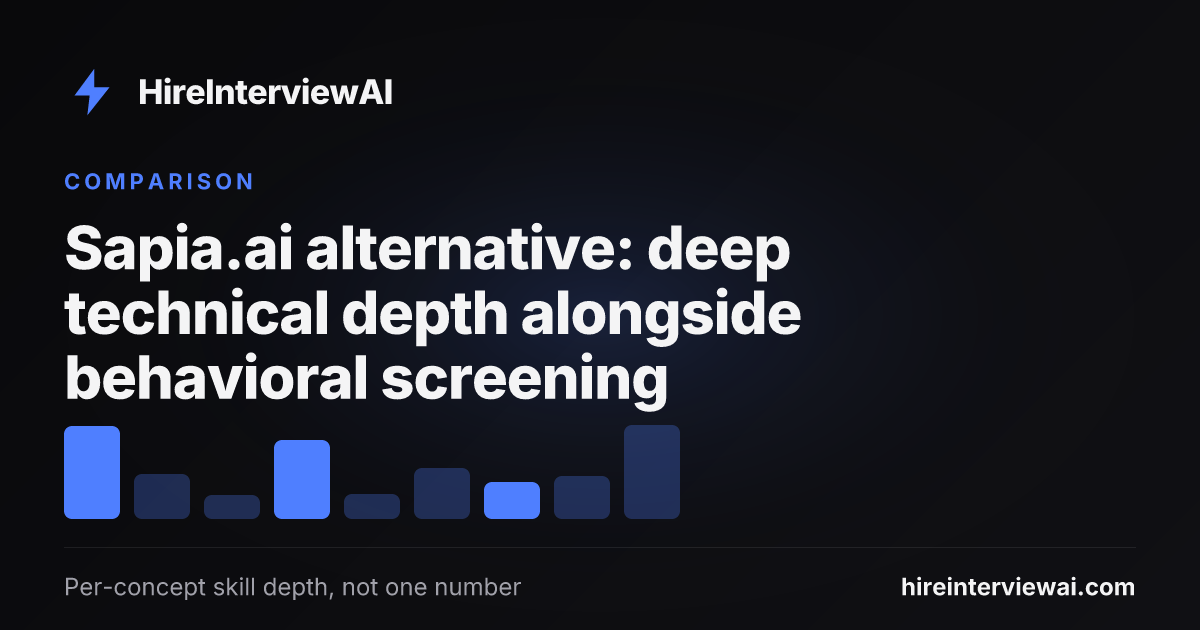 Sapia.ai alternative comparison showing deep technical per-concept depth scoring in code and voice versus behavioral AI chat-based screening