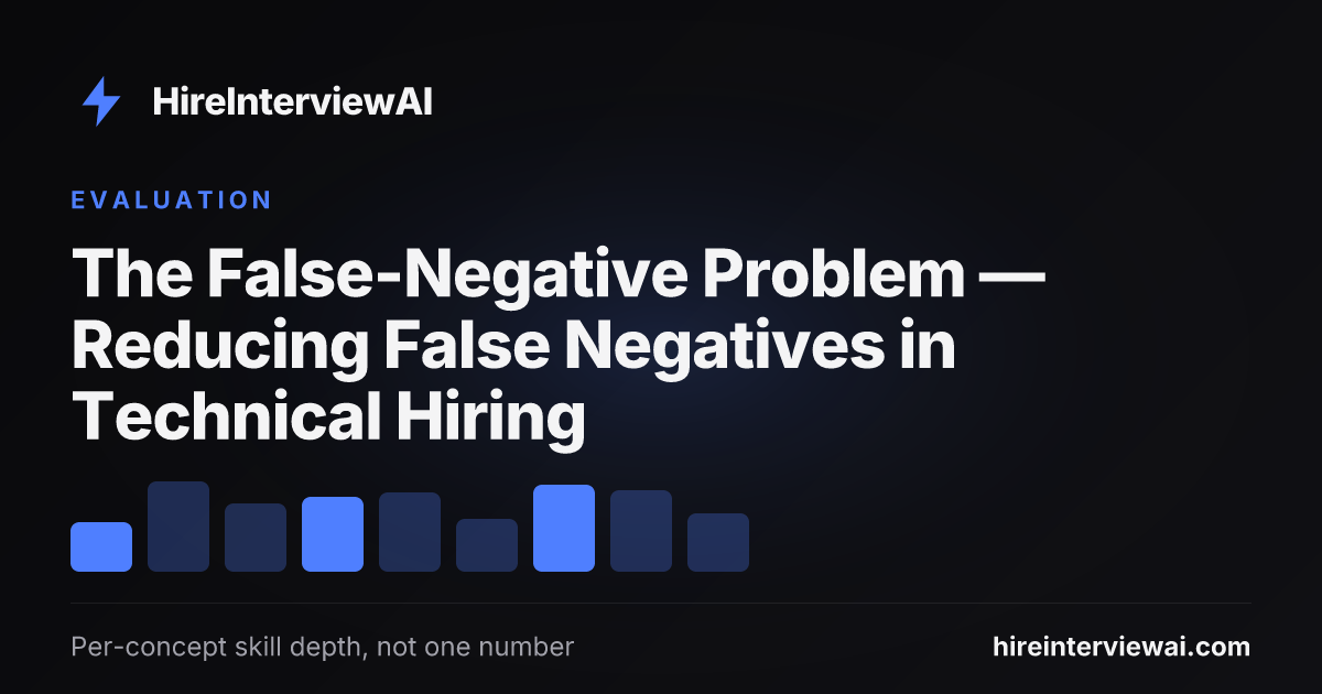 A diagram of the false-negative problem in technical hiring showing a strong engineer rejected by a single-score interview versus surfaced by per-concept depth scoring