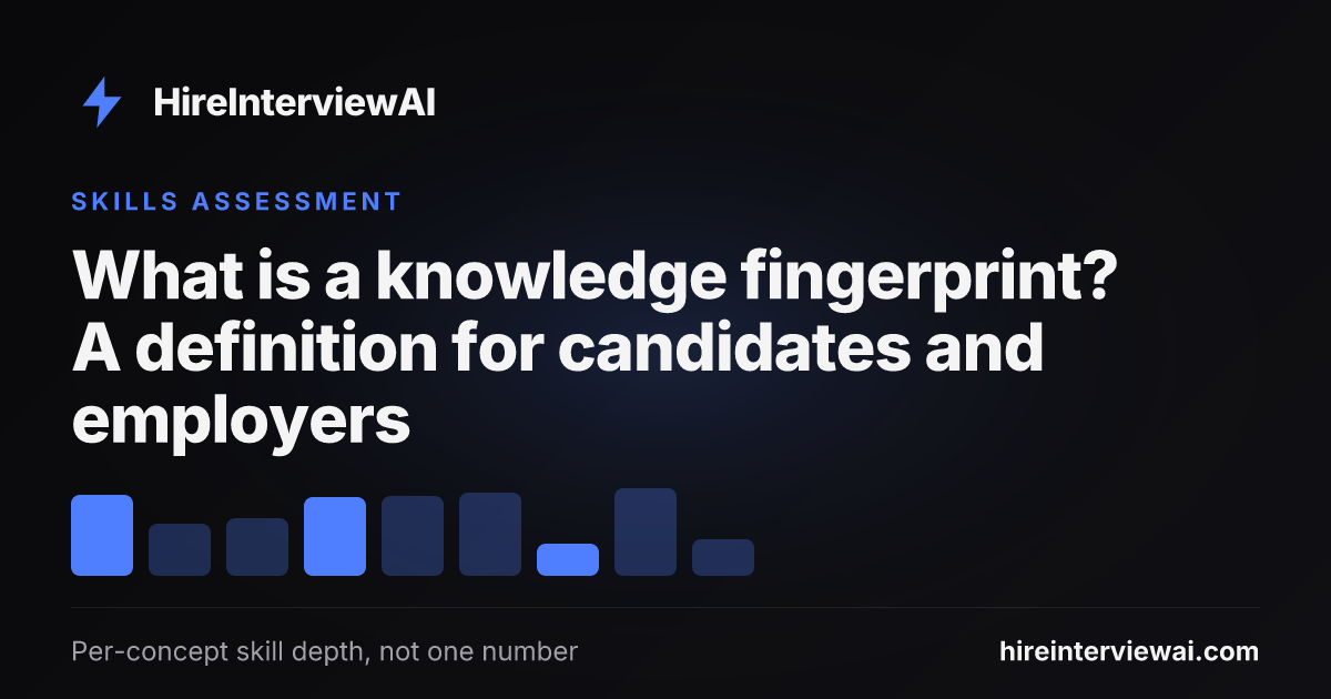 A knowledge fingerprint showing per-concept depth scores built from proctored self-assessments, versioned over time and controlled by the candidate