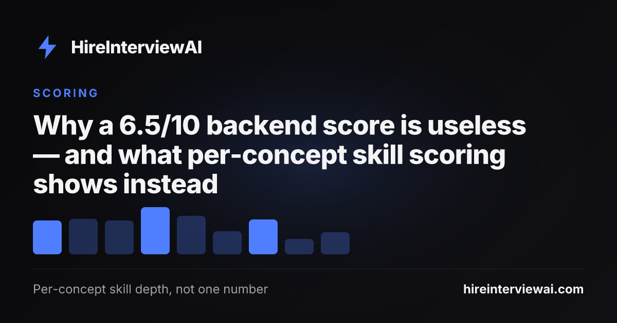 A per-concept skill scoring depth report showing concurrency, error handling, and transactions scored separately instead of one 6.5 out of 10 average